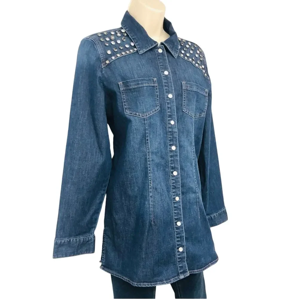 Chicos Size 0 Denim Snap Front Tunic Top Long Sleeve Western Style Bling Yoke